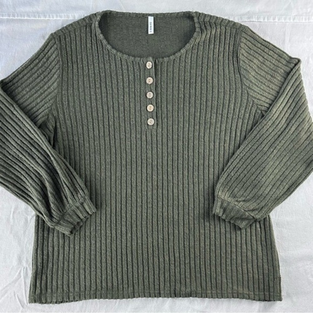 DB Moon Ribbed Henley Sweater Olive Green Cozy Womens Plus Size‎ 2XL